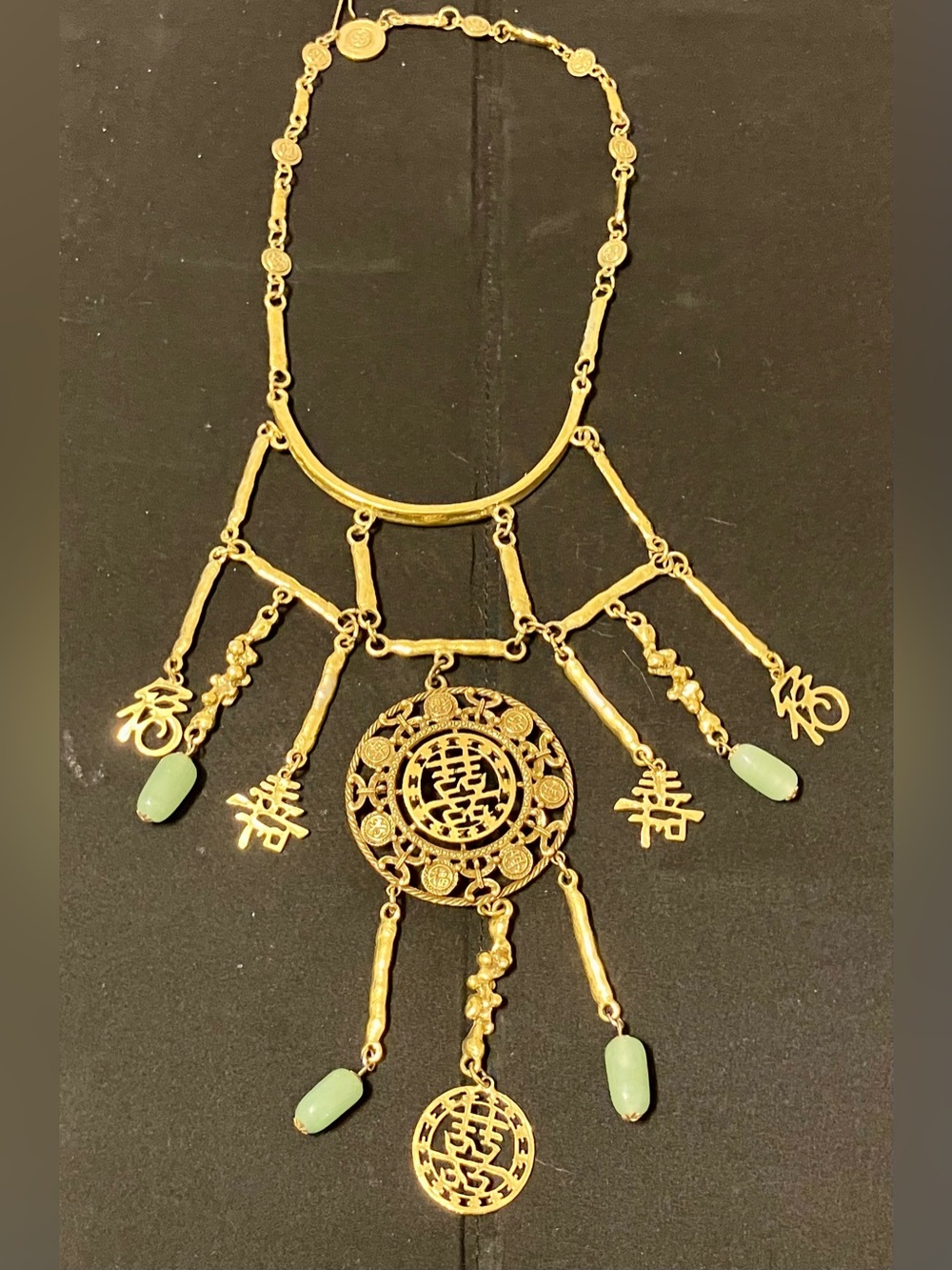 Goldette Gold Tone Asian Style Faux Jade Glass Beads Medallion Tassel Necklace
